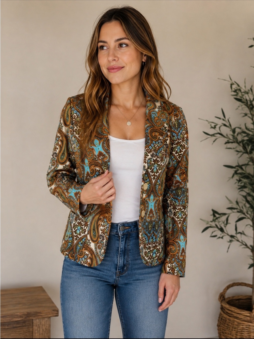 Harold’s Paisley Cotton Stretch Blazer Jacket Women’s Size 10 Boho Vtg
